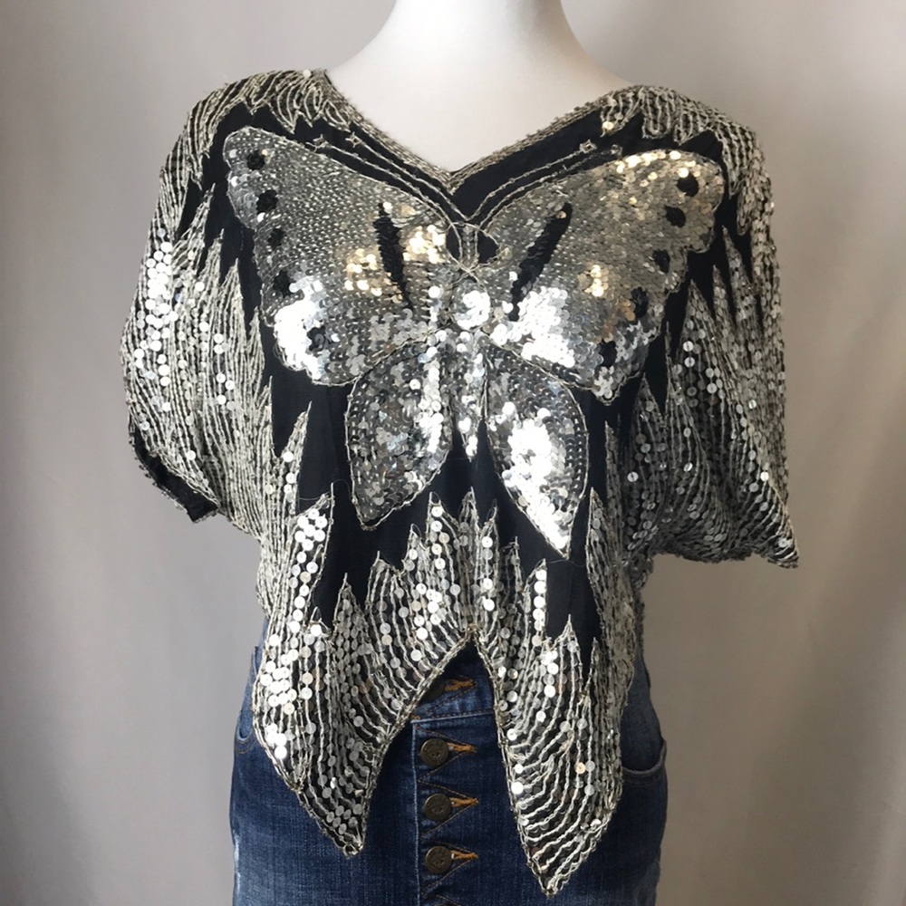 Vintage black top with silver sequined butterfly